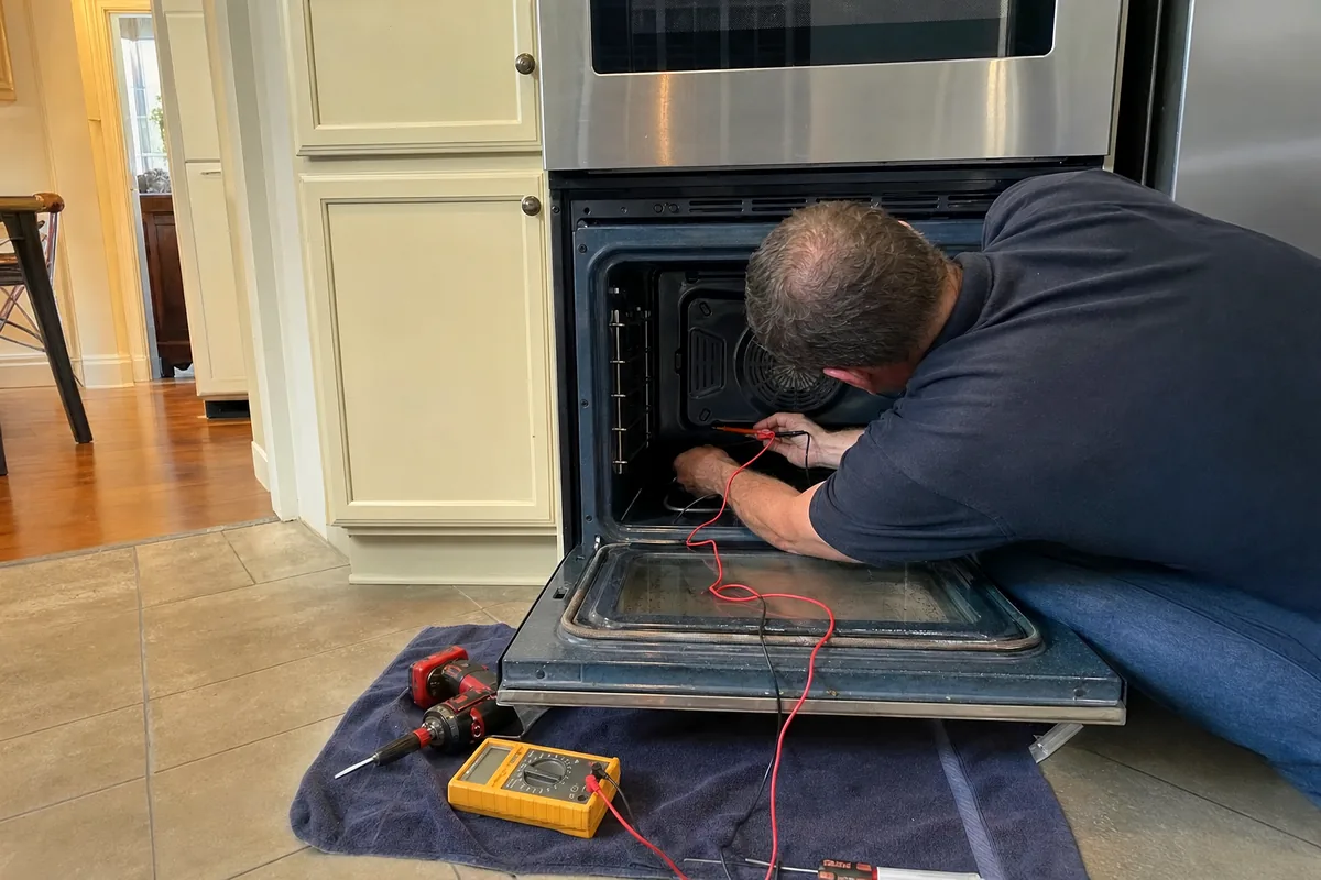 Meter leads clipped to a sensor inside an oven cavity, the clamp meter reading on the mat below