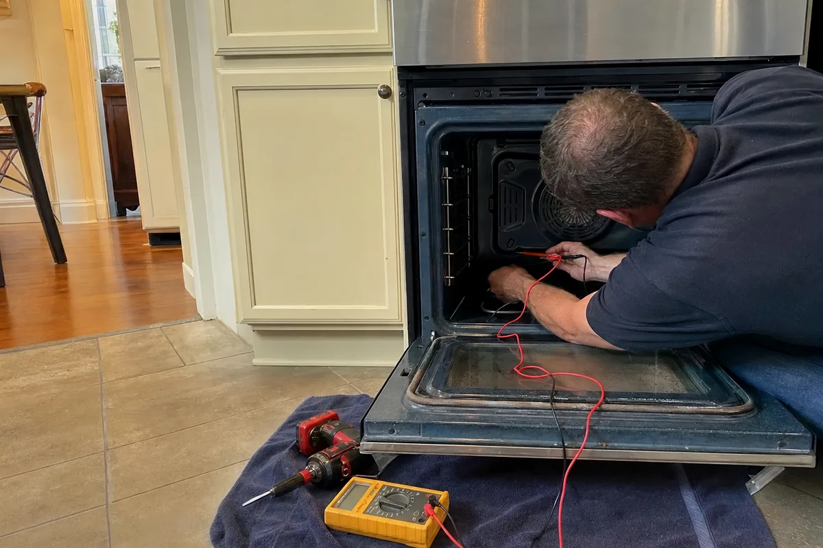 Test leads clipped inside an oven cavity while the technician works from the mat in front of the open door