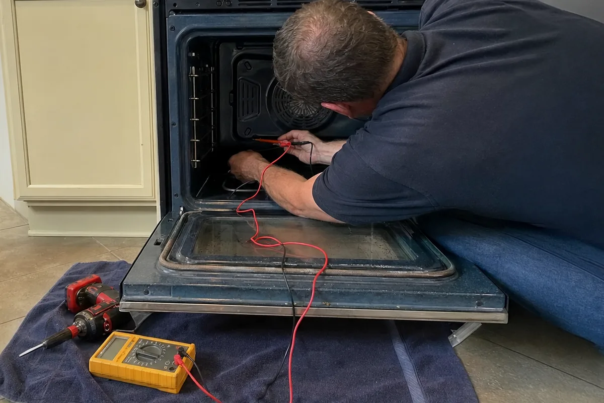 Meter leads run from an oven cavity to the instrument on the floor, the reading taken with the door down