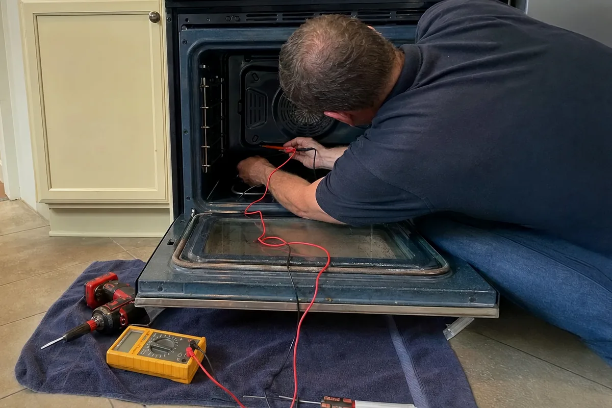 A technician lying across an open oven door with both hands inside the cavity and the meter reading on the floor