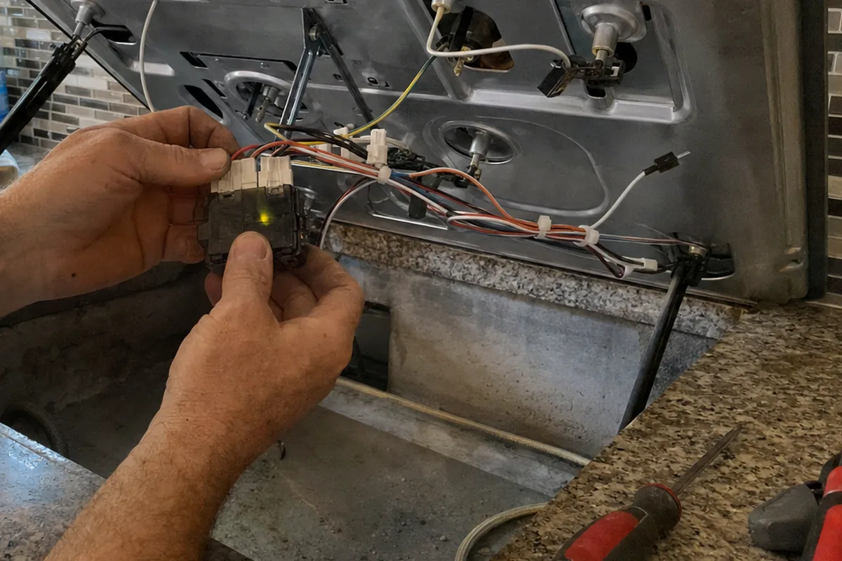 A hand holding a small ignition module with its harness fanned out across the open cooktop below