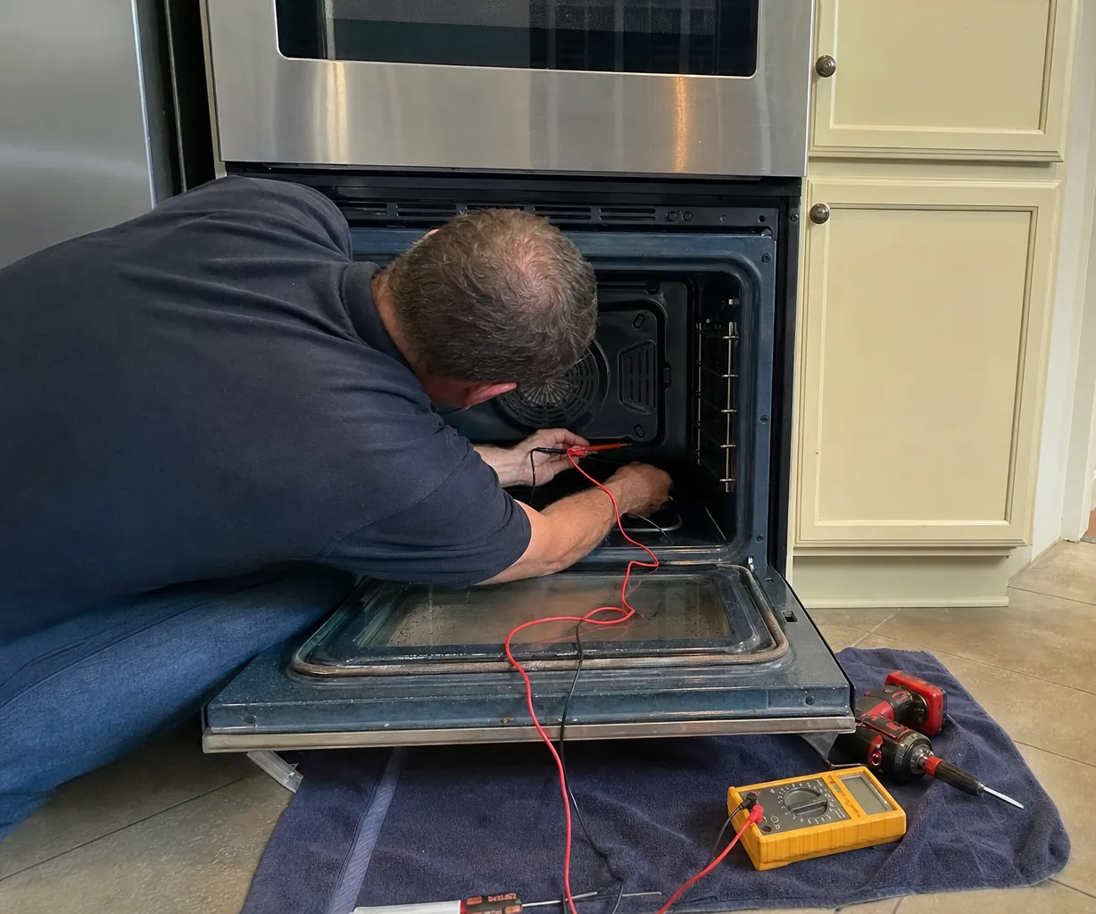 Stainless double wall oven set between cream cabinets, its lower door folded flat over a navy towel while a yellow multimeter tests wiring below the rear fan
